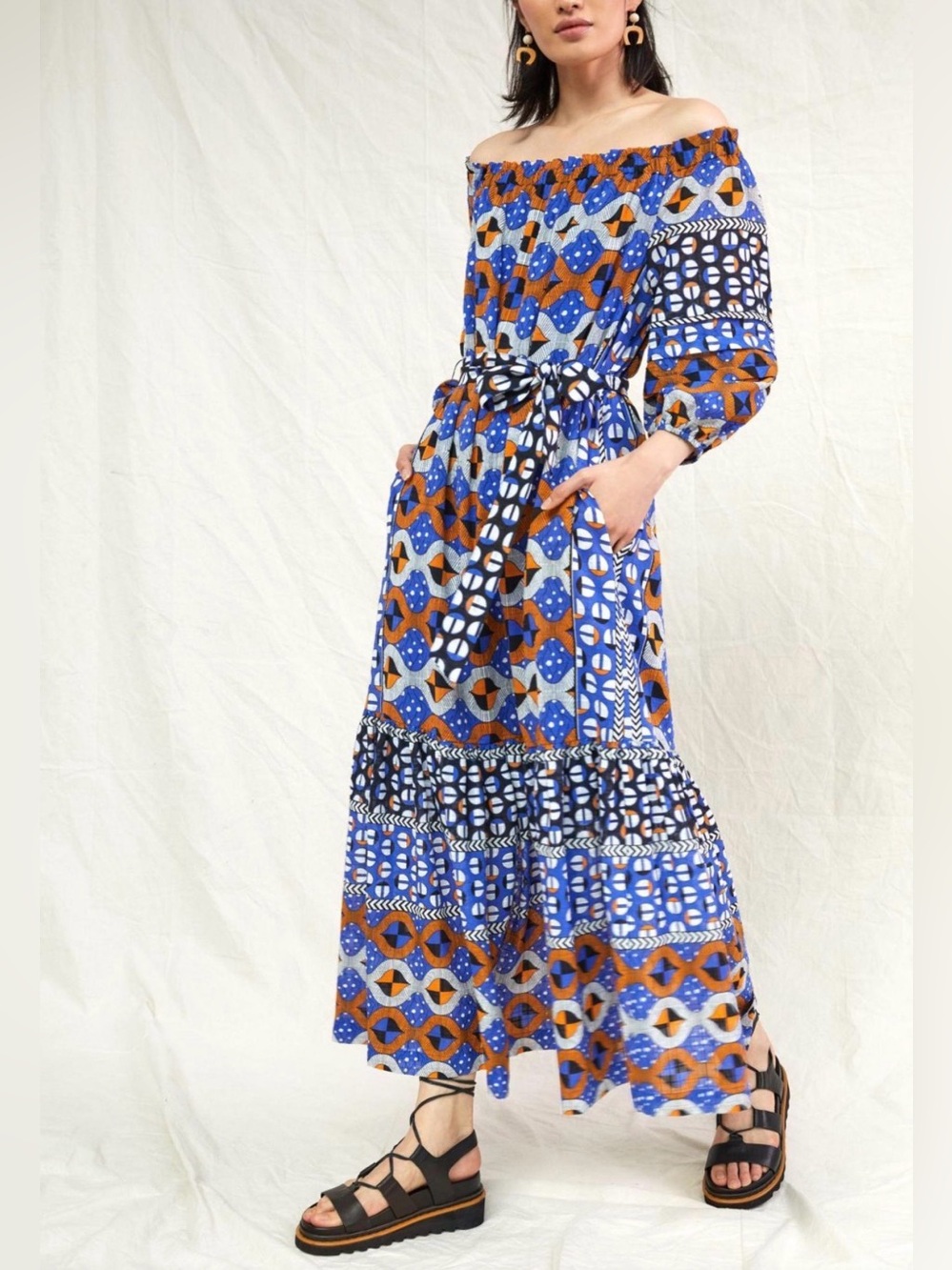 Anthropologie Off-Shoulder Blue & Orange Printed Maxi Dress